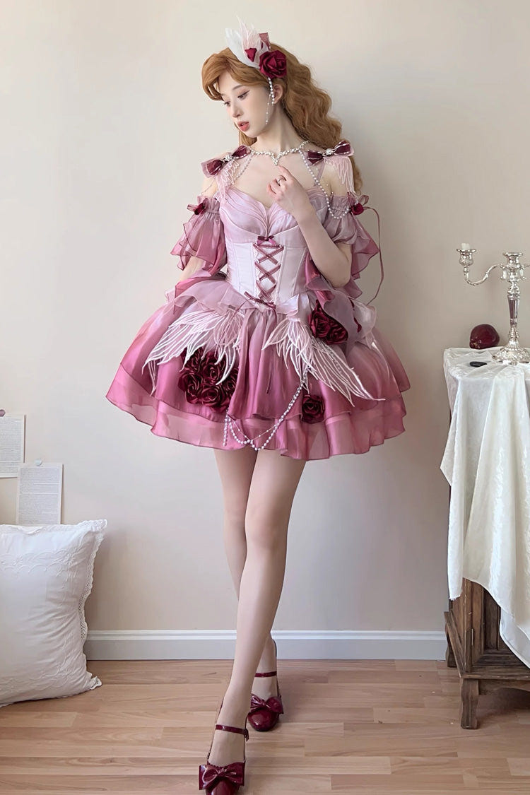 Plum Red [Swan Wonderland] Embroidery Bowknot Lace-Up Sweet Ballet Lolita Jsk Dress Short Version - Product - 2