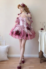 Plum Red [Swan Wonderland] Embroidery Bowknot Lace-Up Sweet Ballet Lolita Jsk Dress Short Version - Product - 2