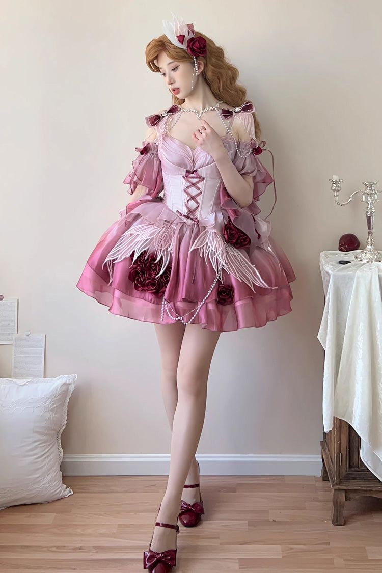 Plum Red [Swan Wonderland] Embroidery Bowknot Lace-Up Sweet Ballet Lolita Jsk Dress Short Version - Product - 2
