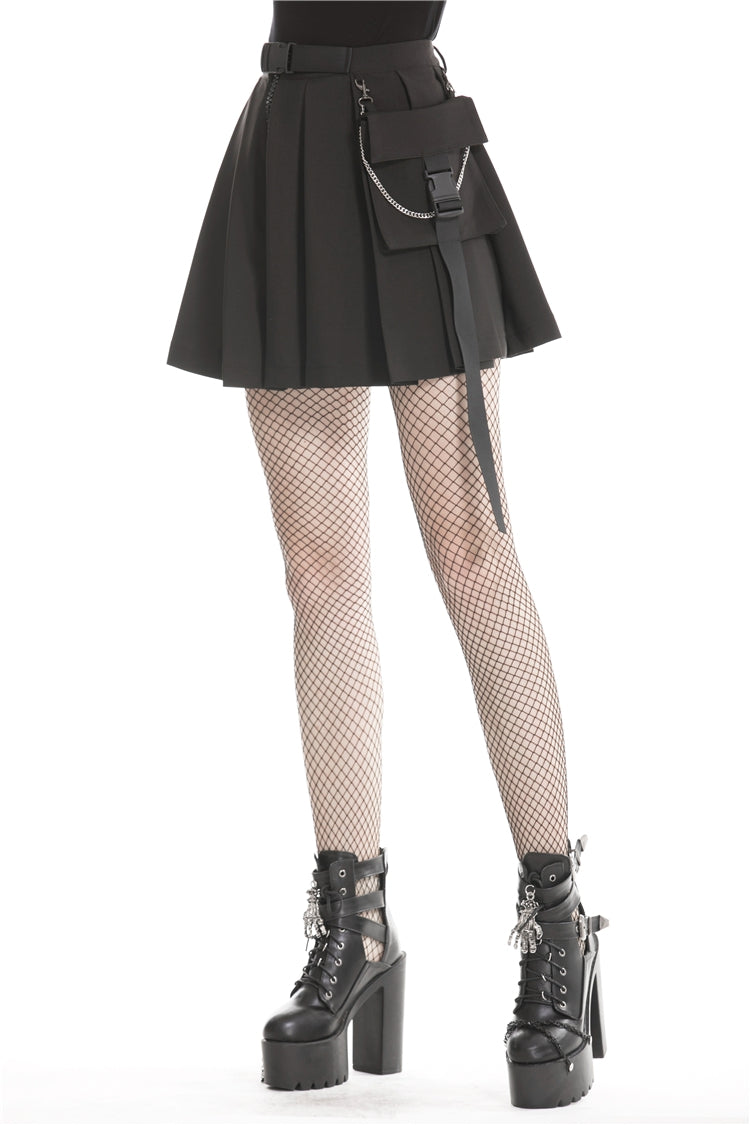 Black Zippered Pleated Women's Punk Casual Mini Skirt with Side Bag - Product - 2