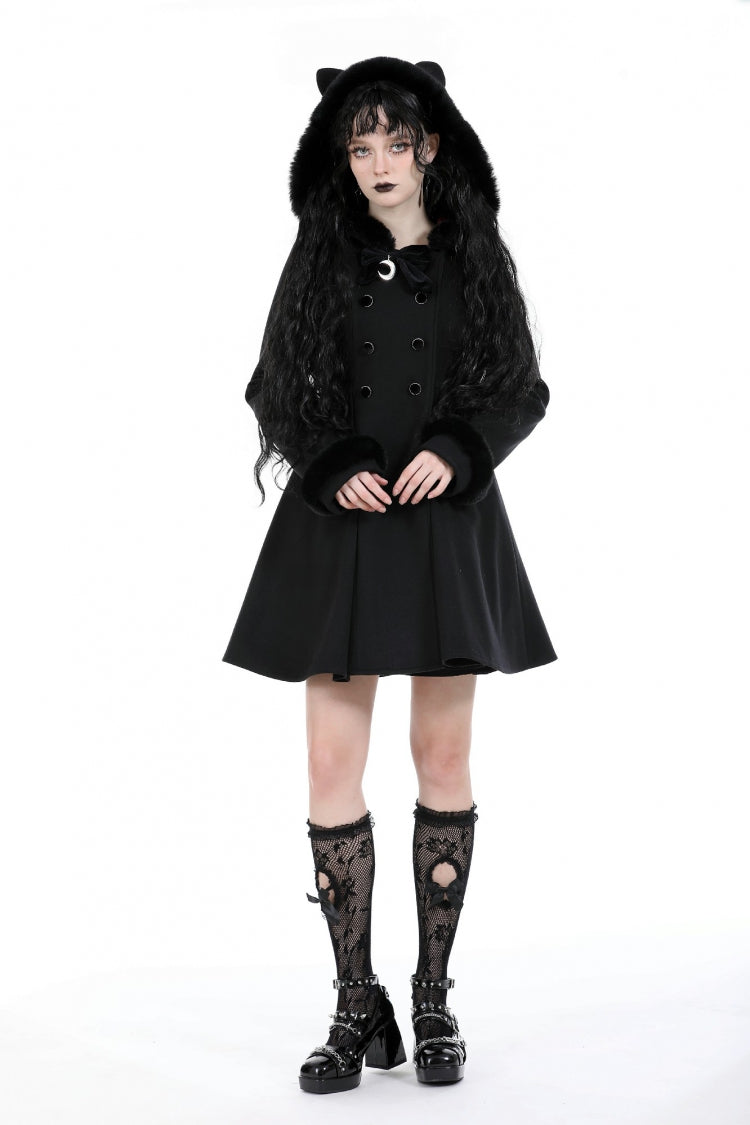 Black Long Sleeves Crescent Moon Bow Spliced Double-breasted Women's Gothic Coat with Cat Ear Hood - Product - 9