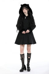 Black Long Sleeves Crescent Moon Bow Spliced Double-breasted Women's Gothic Coat with Cat Ear Hood - Product - 9