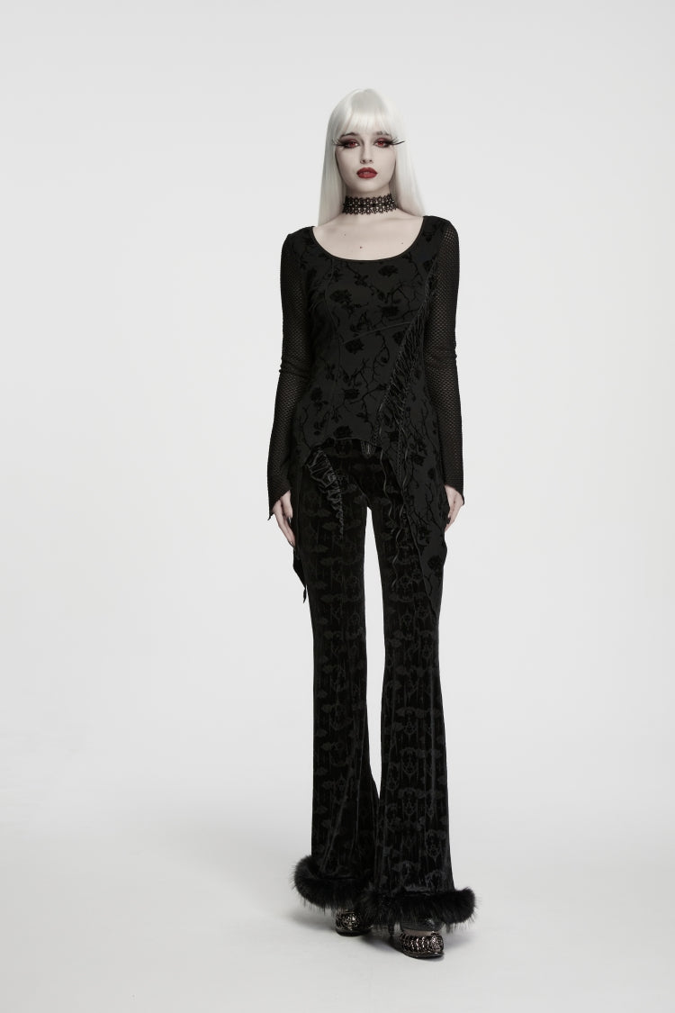 Black Round Collar Long Sleeves Jacquard Lace-Up Asymmetric Women's Gothic Elegant Top - Product - 4