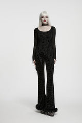 Black Round Collar Long Sleeves Jacquard Lace-Up Asymmetric Women's Gothic Elegant Top - Product - 4