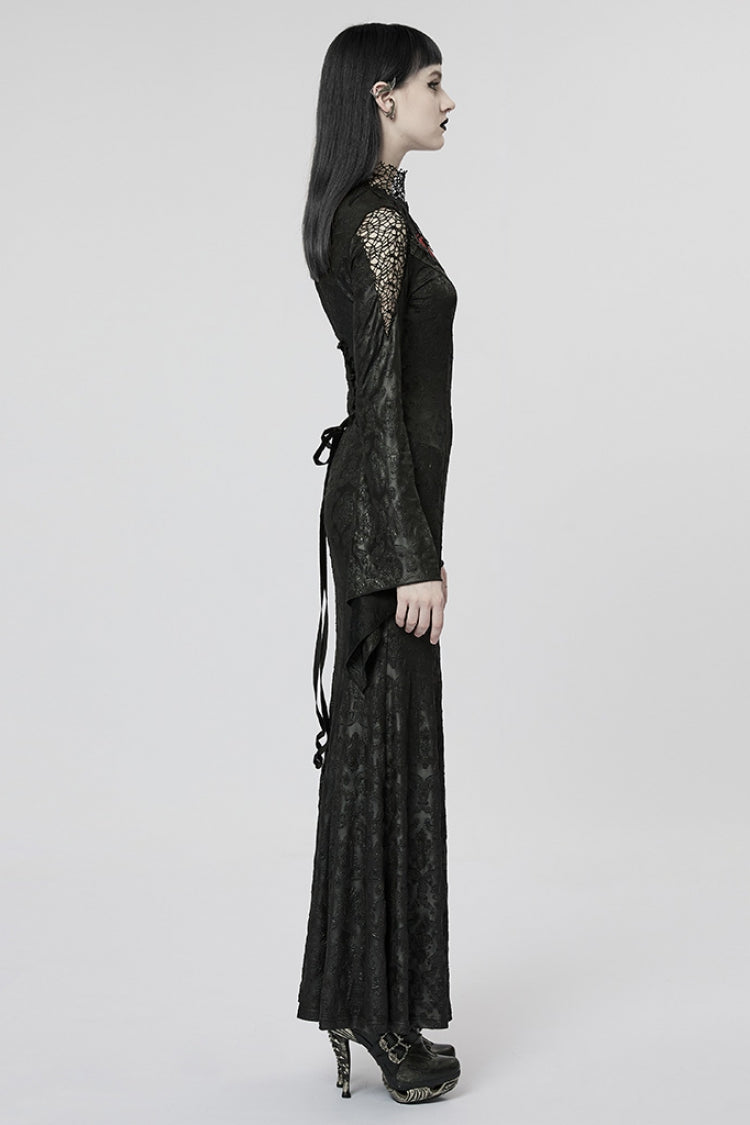 Black/Red V Collar Long Sleeves Hollow Embroidery Women's Gothic Dress - Product - 2