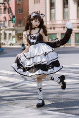 Black/White [Cat Fist] Triple-Layered Ruffle Bowknot Sweet Lolita Jsk Dress - Product - 13