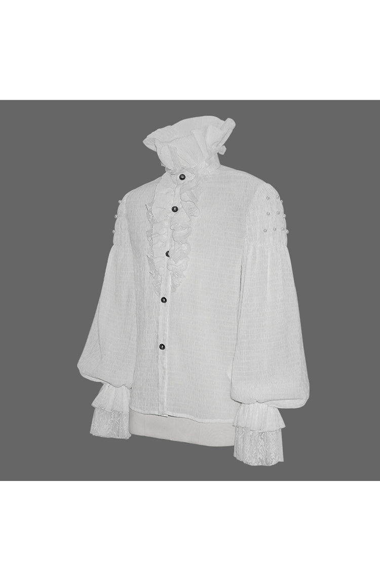 White Ruffle Stand Collar Lantern Sleeves Jacquard Men's Gothic Blouse - Product - 6