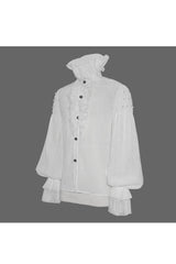 White Ruffle Stand Collar Lantern Sleeves Jacquard Men's Gothic Blouse - Product - 6
