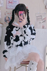 White/Black Round Collar Plush Cow Series Sweet Lolita Coat - Product - 2