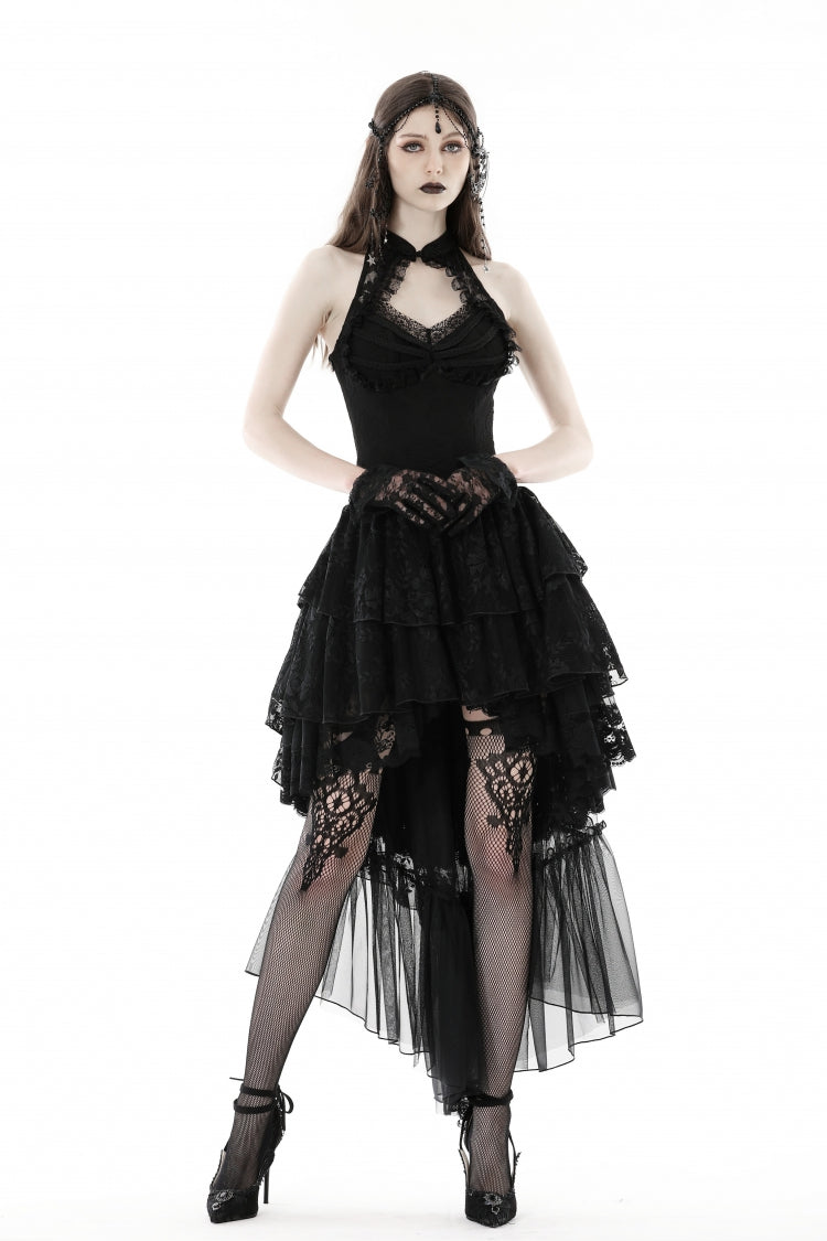 Black Off Shoulder Halterneck Sleeveless Irregular High Low Multi-Layered Lace Women's Gothic Dress - Black - 1