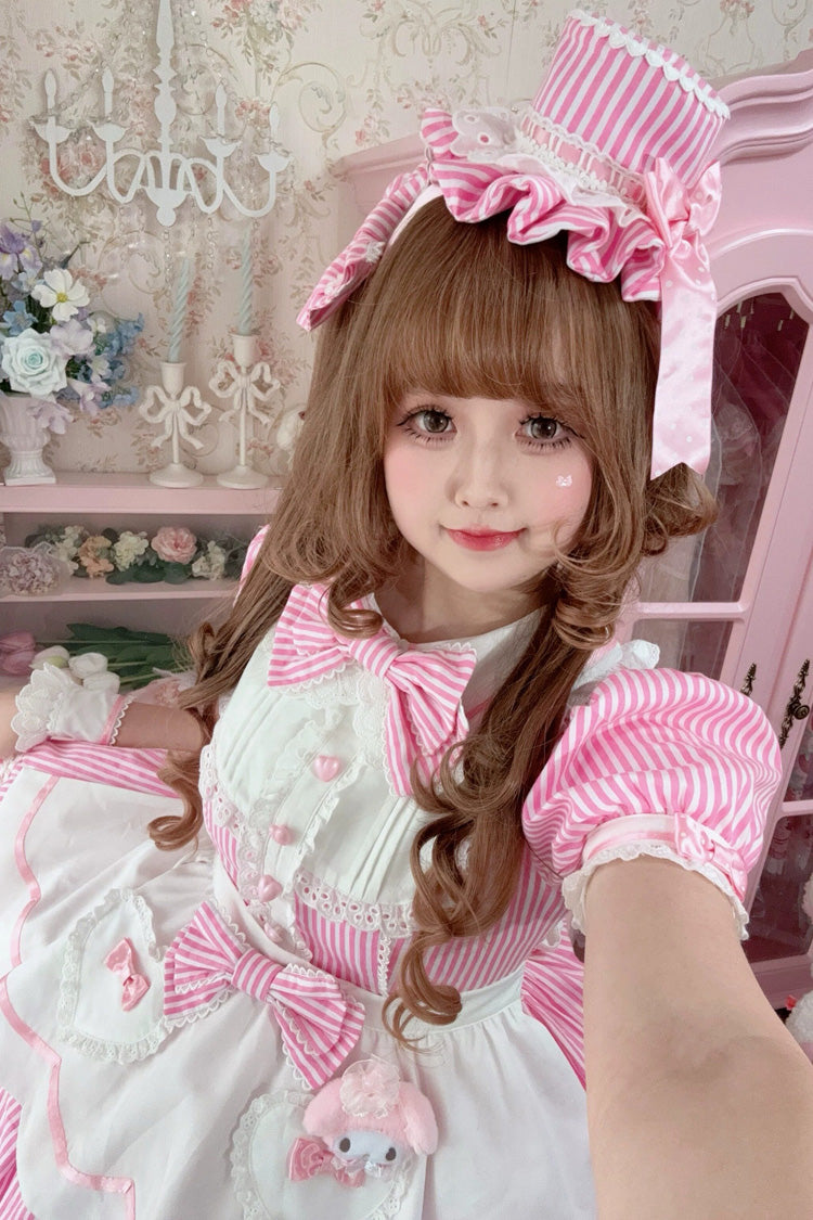 [A Day as a Candy Shop Owner] Peter Pan Collar Short Sleeves Printed Bow Sweet Lolita Dress 3 Colors (Red, Blue, Pink) - Product - 21