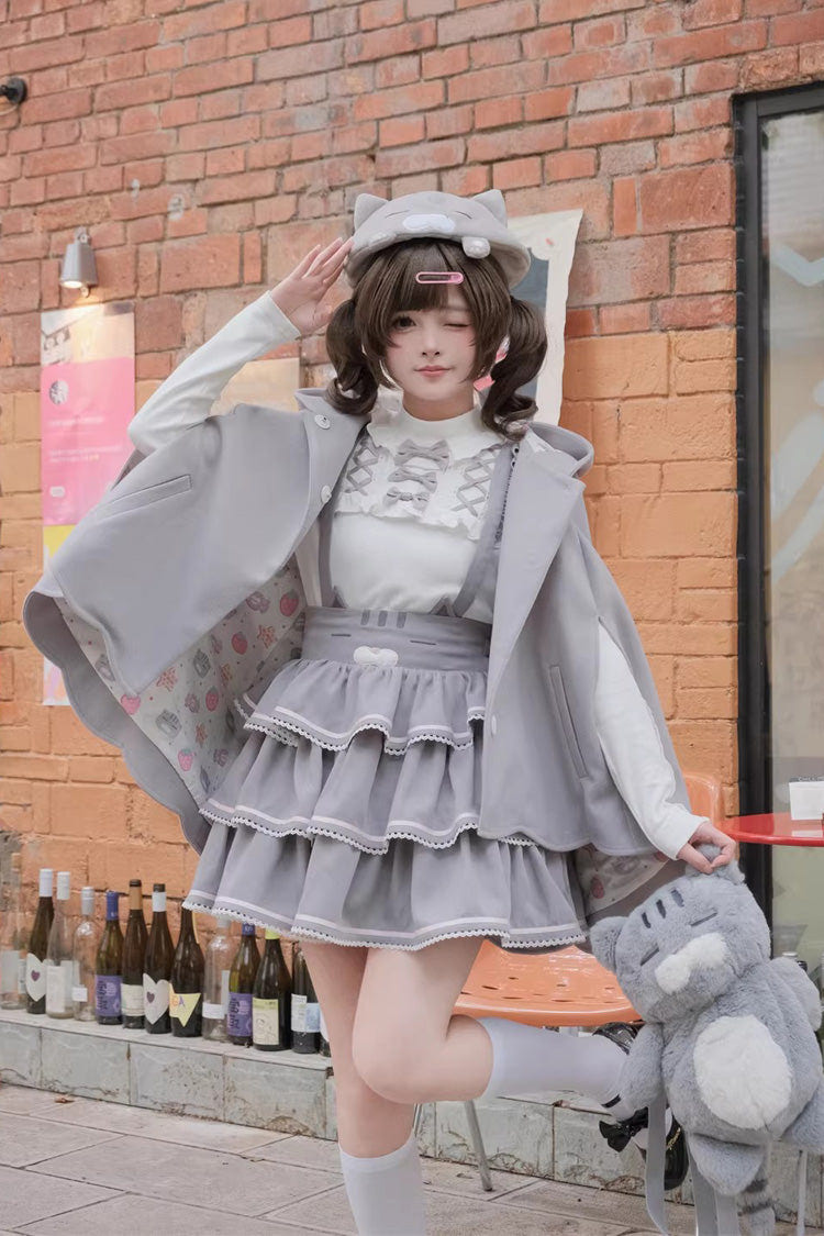Grey [Gloomy Cat Series] Sleeveless Triple-Layered Ruffled Sweet Suspender Cake Strap Dress - Grey(Dress) - 1