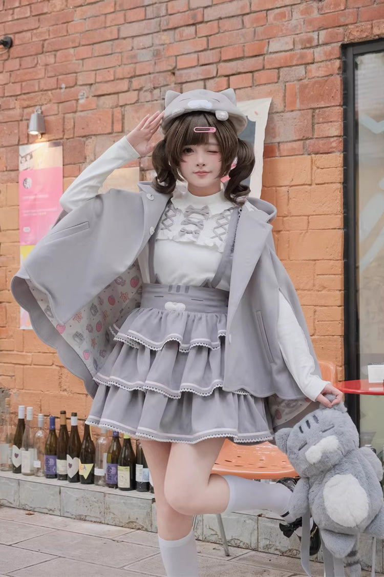 Grey [Gloomy Cat Series] Sleeveless Triple-Layered Ruffled Sweet Suspender Cake Strap Dress - Grey(Dress) - 1