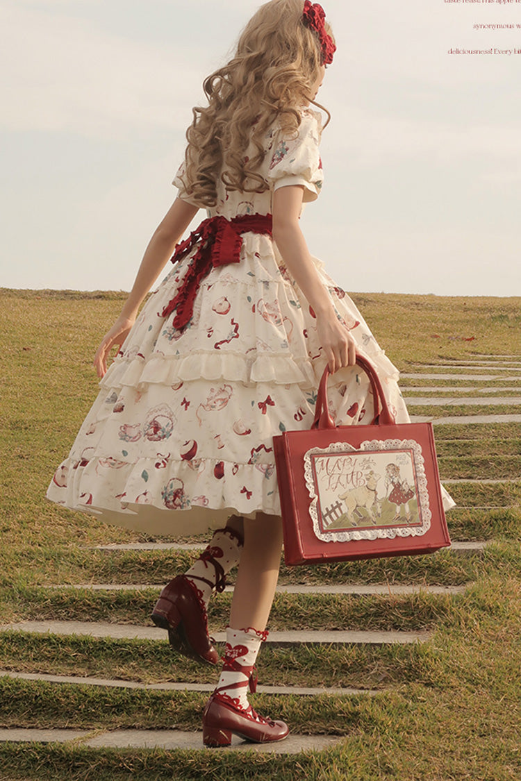White Apple Tea Print Short Sleeves Country Style Ruffle Bowknot Sweet Lolita Dress (Plus Size Version) - Product - 10