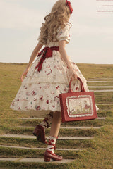 White Apple Tea Print Short Sleeves Country Style Ruffle Bowknot Sweet Lolita Dress (Plus Size Version) - Product - 10