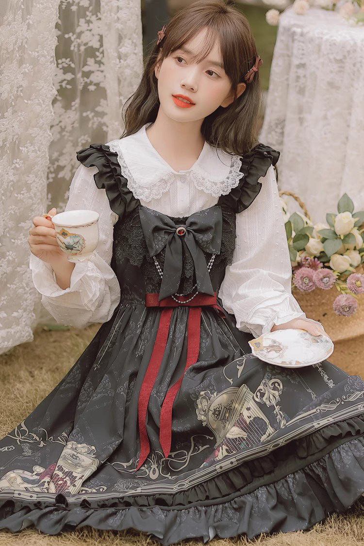 Black Birdcage Rose Print Ruffle Bowknot Gothic Princess Lolita Dress - Product - 7