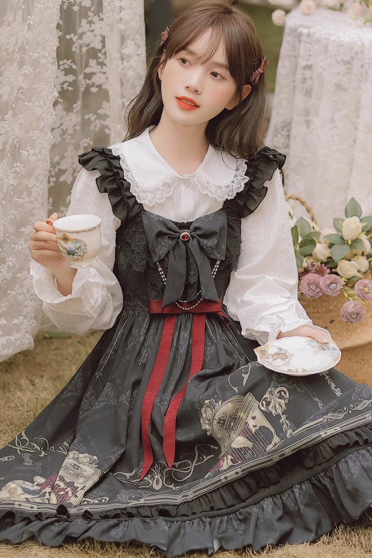 Black Birdcage Rose Print Ruffle Bowknot Gothic Princess Lolita Dress - Product - 7