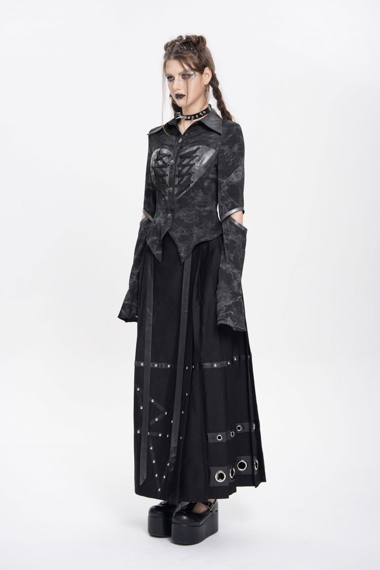 Black Lapel Collar Long Sleeves Print Lace-Up Cutout Women's Punk Blouse - Product - 9