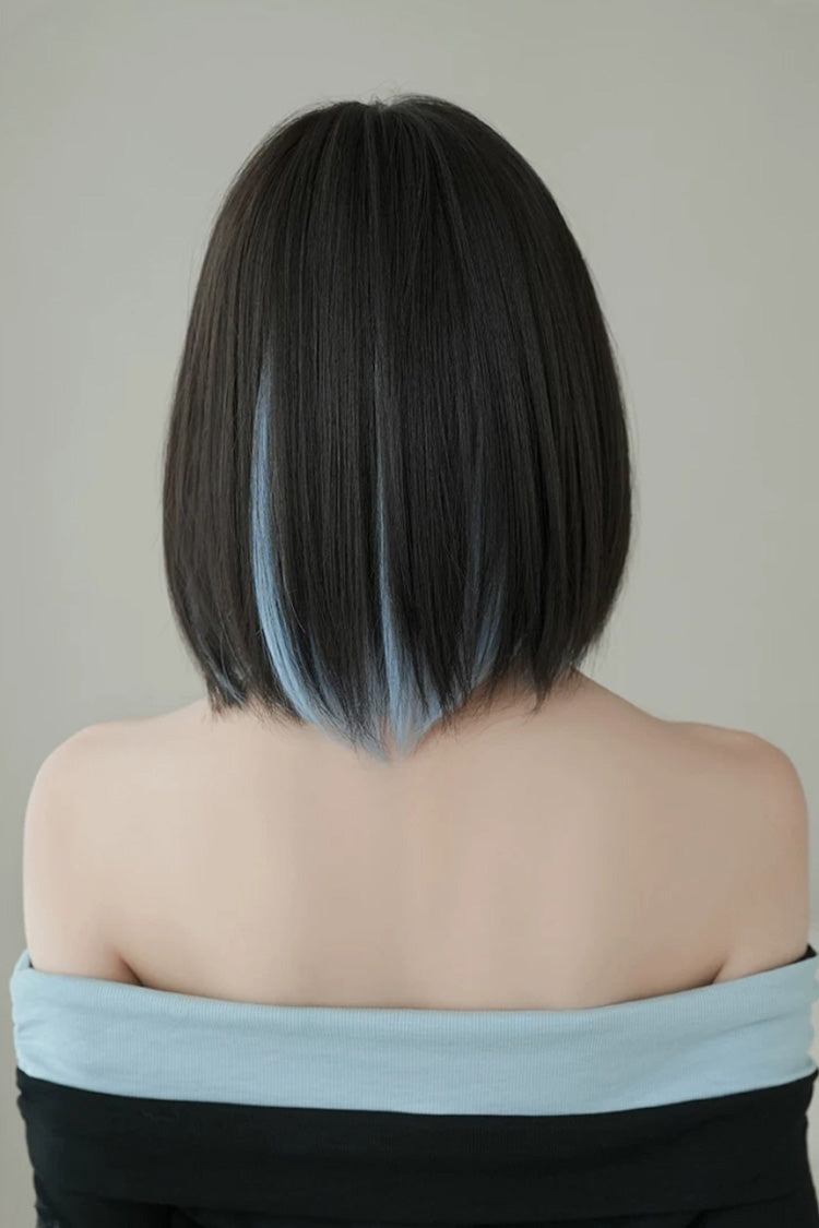 Sky Blue/Black Highlight Natural Face-Framing Clavicle Bob Sweet Lolita Wig - Product - 3