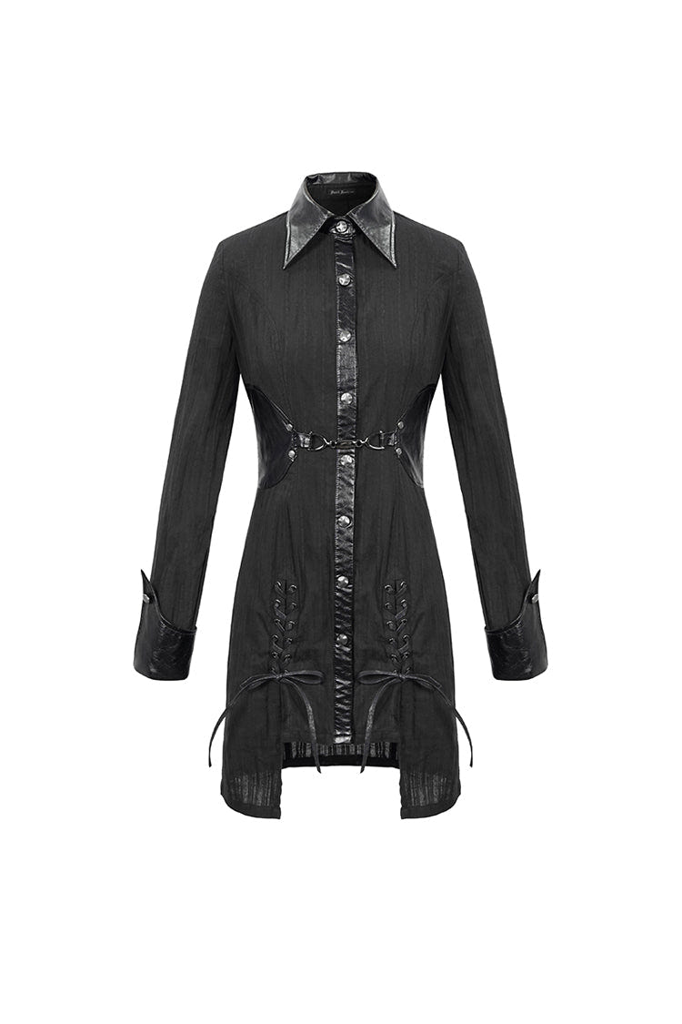 Black Vertical Suture Texture Leather Metal Buckle Design Decoration Long Women's Punk Shirt - Product - 7