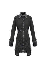 Black Vertical Suture Texture Leather Metal Buckle Design Decoration Long Women's Punk Shirt - Product - 7