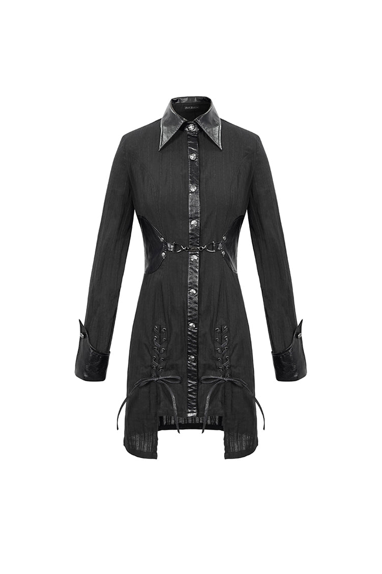 Black Vertical Suture Texture Leather Metal Buckle Design Decoration Long Women's Punk Shirt - Product - 7