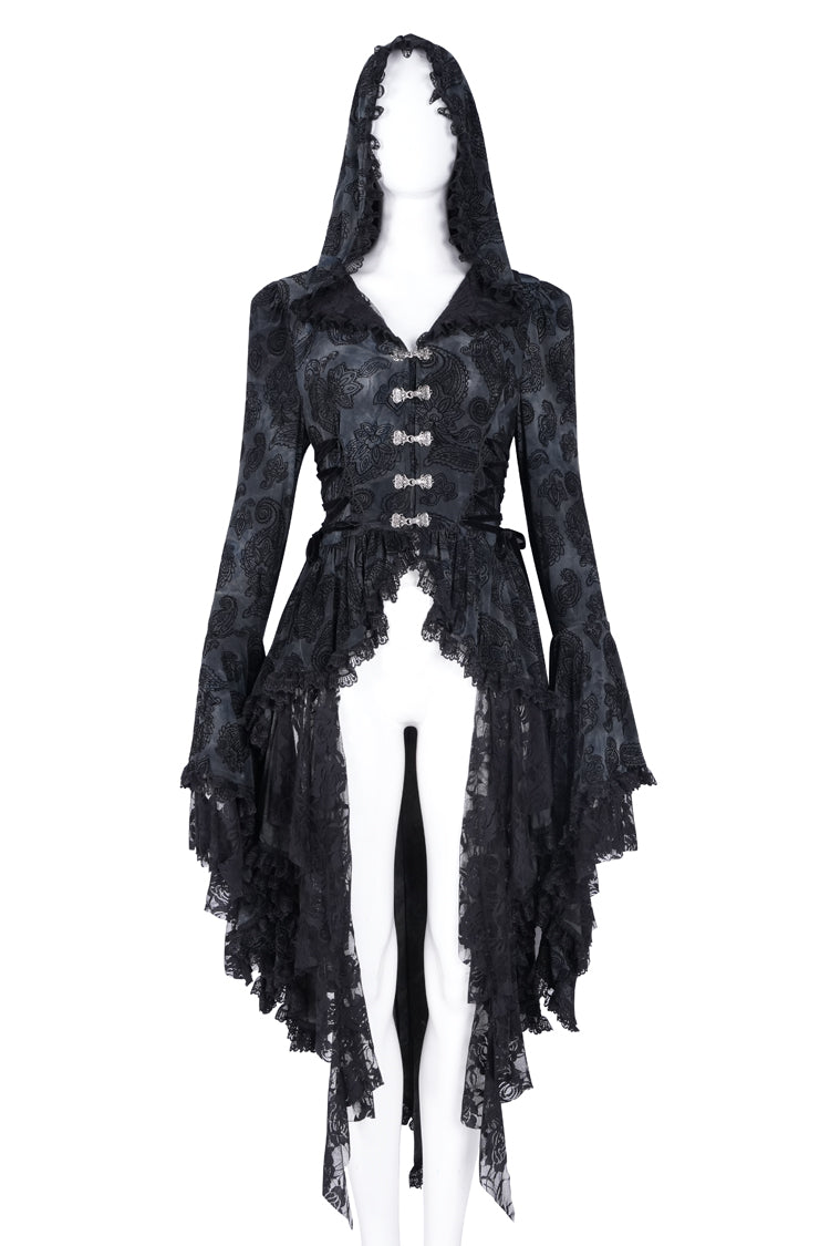 Black Long Trumpet Sleeves Multi-Layered Embroidery Lace Hooded Ripped Women's Gothic Jacket - Product - 3
