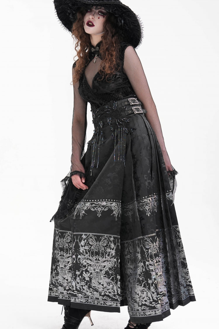 Black Print Embroidery Women's Gothic Crochet Tassels Bucket-up Long Skirt - Product - 3