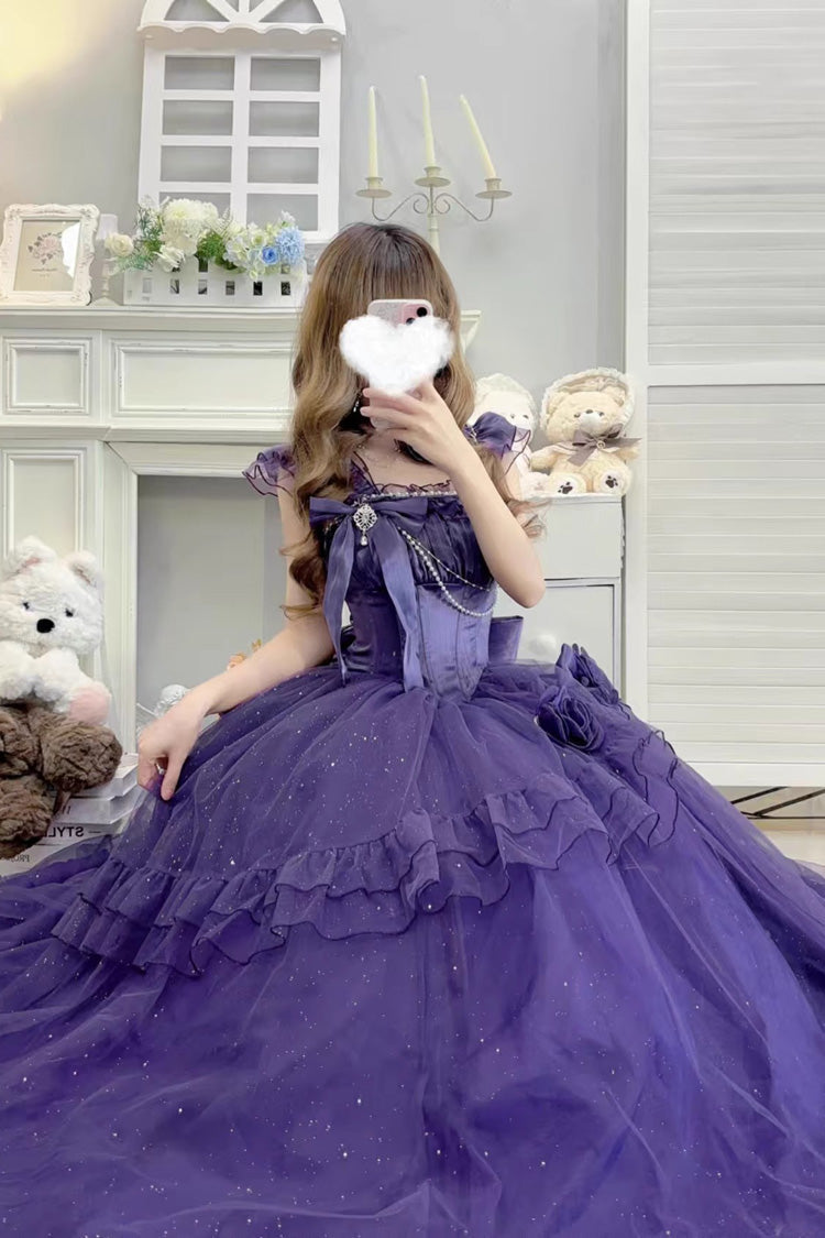 Purple [Bright Stars] Off Shoulder Ruffle Bowknot Asymmetric Sweet Elegant Princess Lolita Dress - Purple - 1