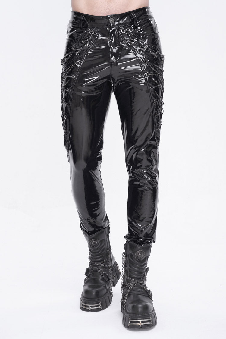 Black Lace Up Patent Leather Men's Punk Pants - Black - 1