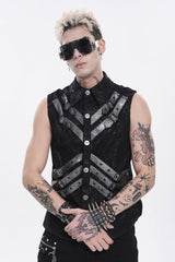 Black Lapel Collar Sleeveless Multi-Layered Printed Tie-dyed Buckled Men's Punk Shirt - Black - 1