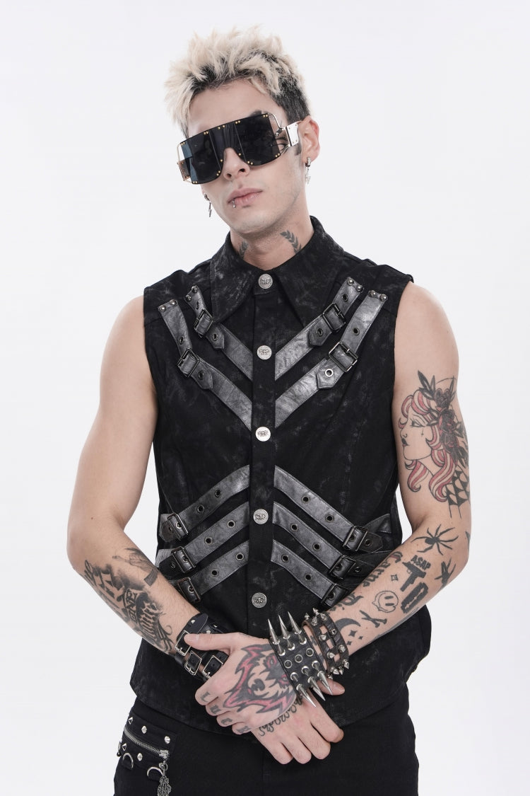 Black Lapel Collar Sleeveless Multi-Layered Printed Tie-dyed Buckled Men's Punk Shirt - Black - 1