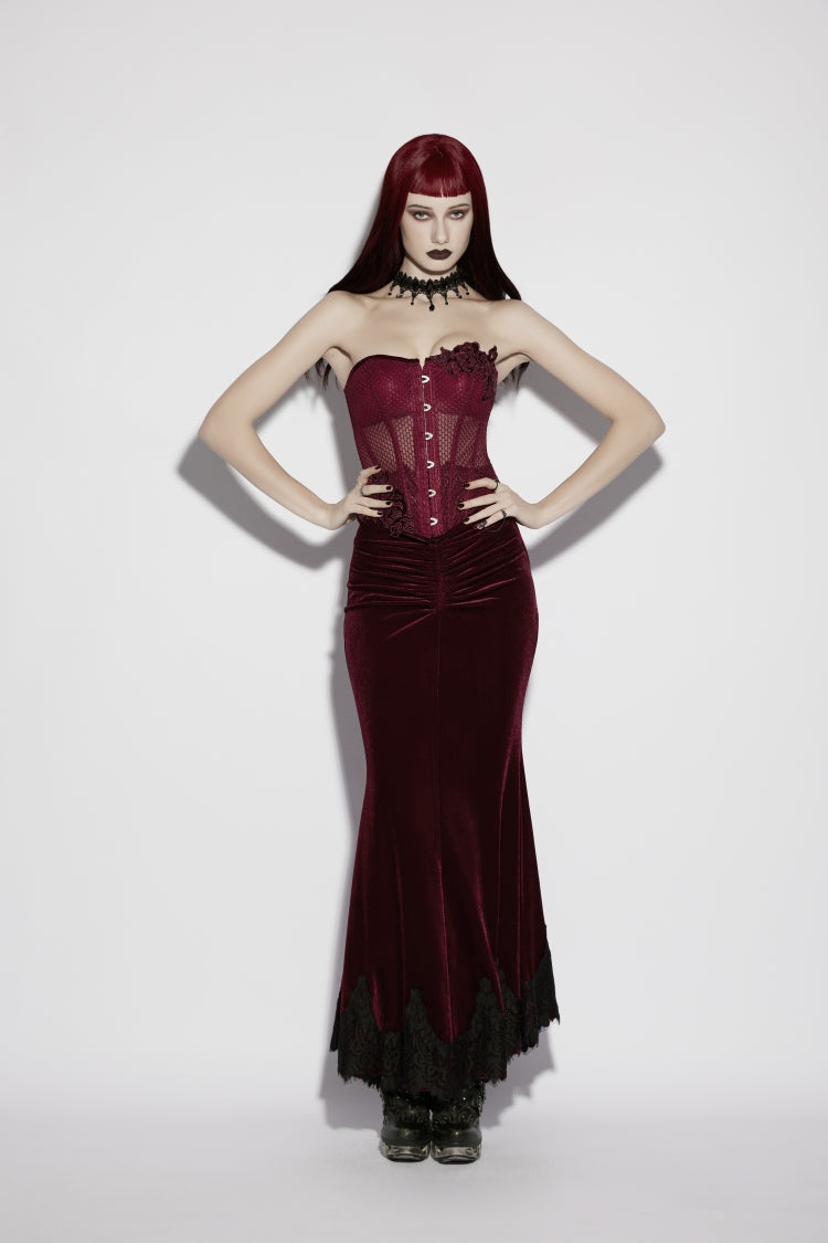 Red Embroidered Lace Lace-Up Slim Sheer Strappy Women's Gothic Corset - Red - 1