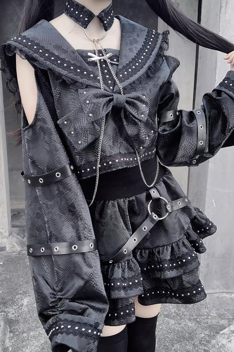 Black [Serpent Devour] Navy Collar Long Sleeves Snake Printed Ruffled Bow Studded Gothic Jirai Kei Skirt Set - Product - 9