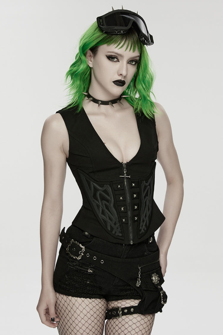 Black V Collar Sleeveless Embossed Printed Studded Zippered Women's Punk Vest - Product - 2
