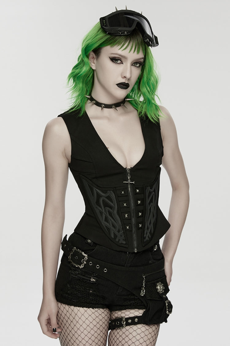 Black V Collar Sleeveless Embossed Printed Studded Zippered Women's Punk Vest - Product - 2