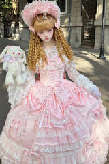 Pink [Ode of the Curtain] Multi-Layered Ruffled Hanayome Open-Front Bow Lace Lace-Up Sweet Long Lolita Jsk Dress - Product - 5