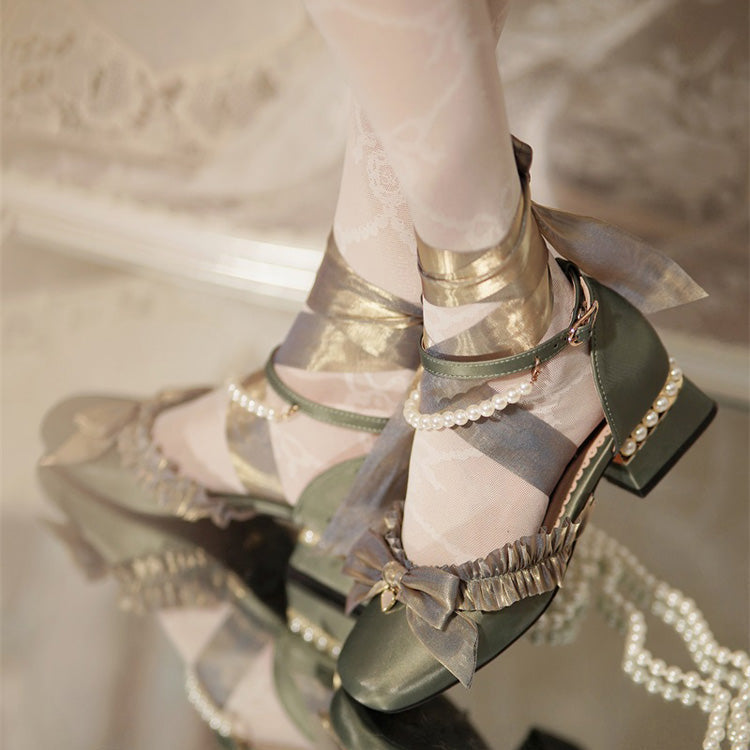 Romance Bowknot Lace Pearl Sweet Elegant Lolita Shoes 4 Colors - Product - 12
