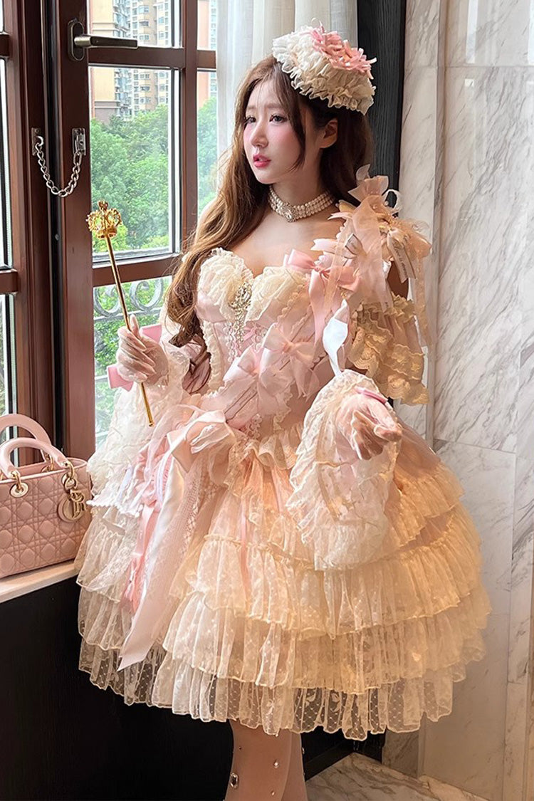 Princess Off Shoulder Multi-Layered Ruffle Bowknot Lace Sweet Elegant Lolita Strapless Dress - Pink - 1