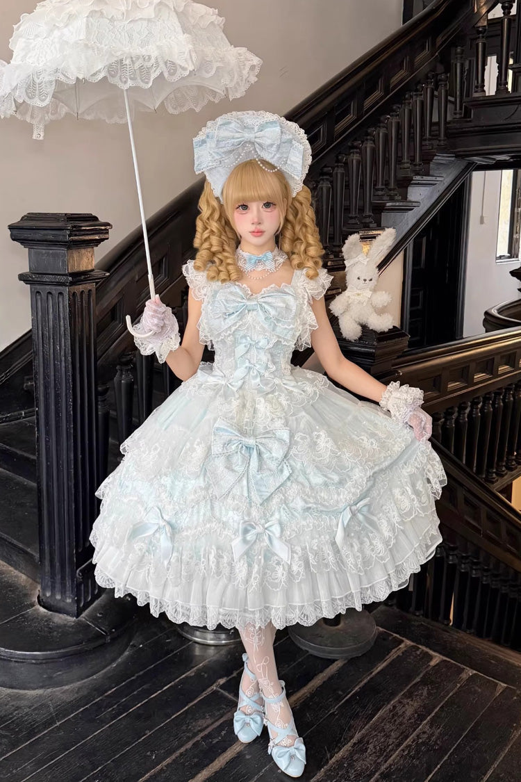 Blue [Sakura Dream Romance] Sleeveless Multi-Layered Ruffled Hanayome Bow Lace Sweet Princess Lolita Jsk Dress - Product - 7