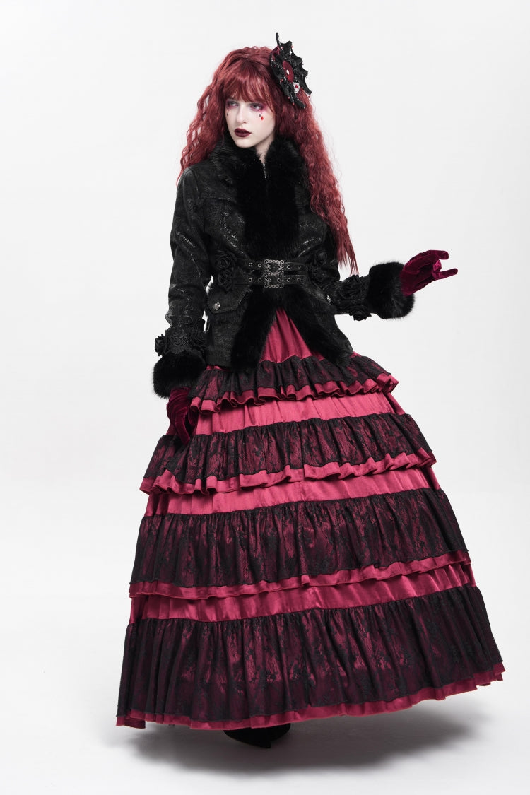 Black Long Sleeves Rose Floral Embroidery Buckle Straps Women's Gothic Coat - Product - 10