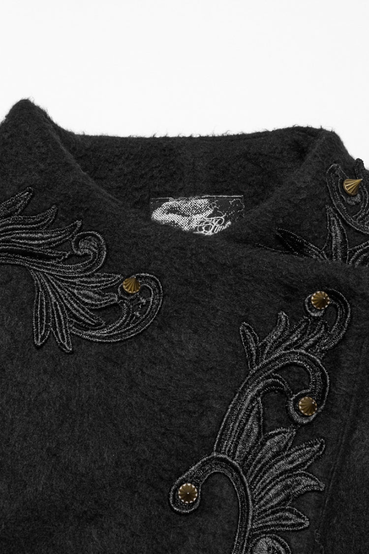 Black Long Sleeves Studded Floral Embroidery Faux Fur Stitching Women's Gothic Coat - Product - 5