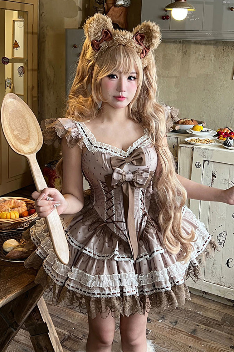 Brown [Coco Ballet] Sleeveless Double-Layered Bow Lace Lace-Up Sweet Princess Ballet Lolita Jsk Dress - Brown - 1
