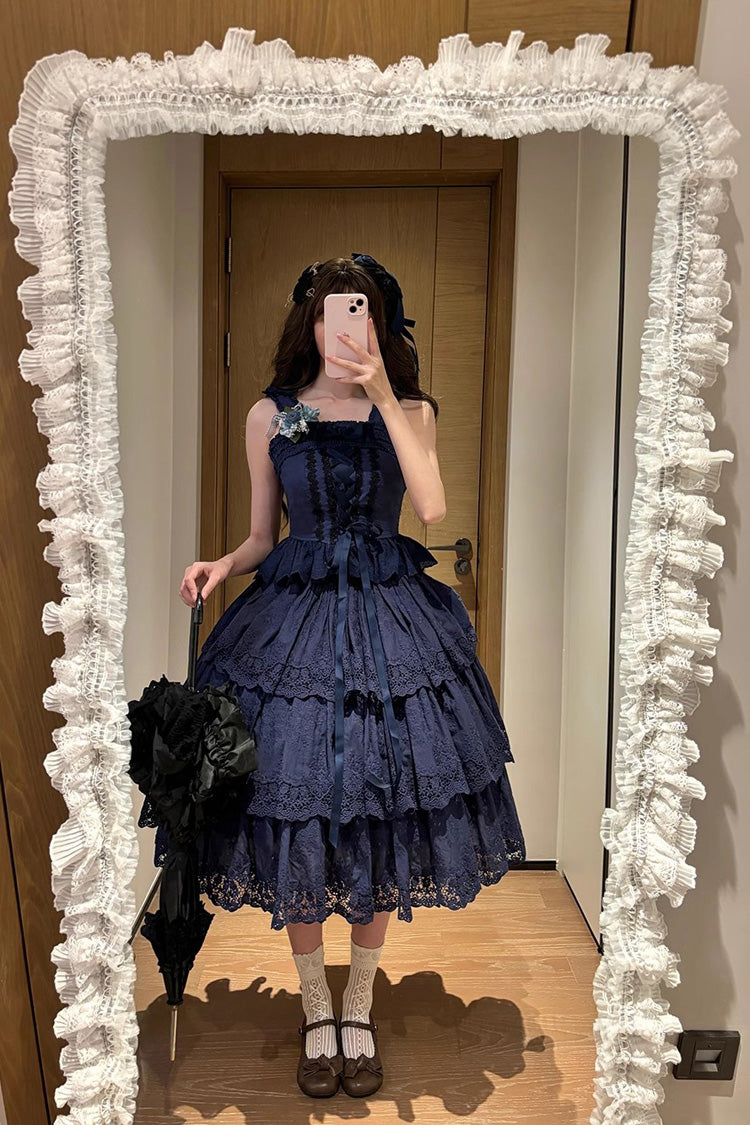 Dark Blue [Forest Waltz] Embroidery Bowknot Lace-Up Slim Sweet Elegant Lolita Suspender Top - Product - 4