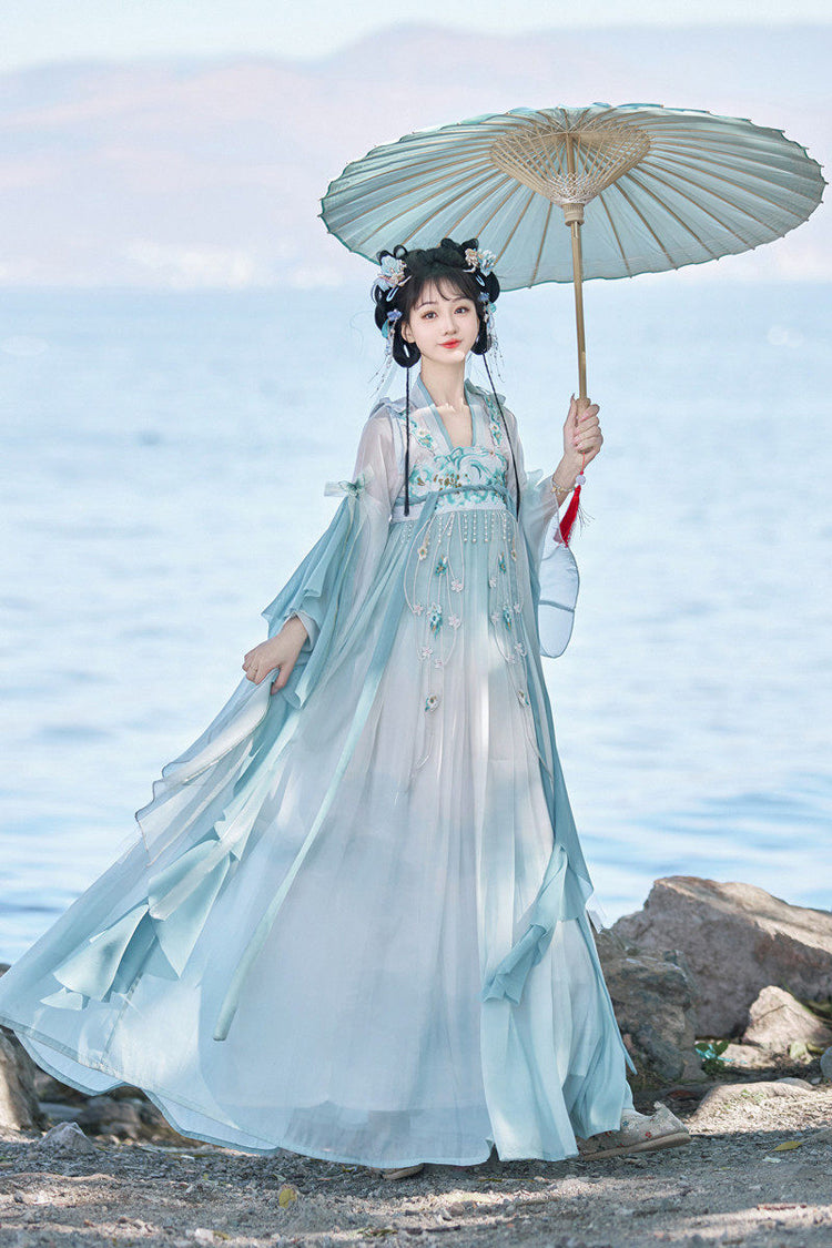 Blue [Blue Ocean] High Waisted Embroidered Lace Women's Sweet Hanfu Dress Full Set - Product - 2