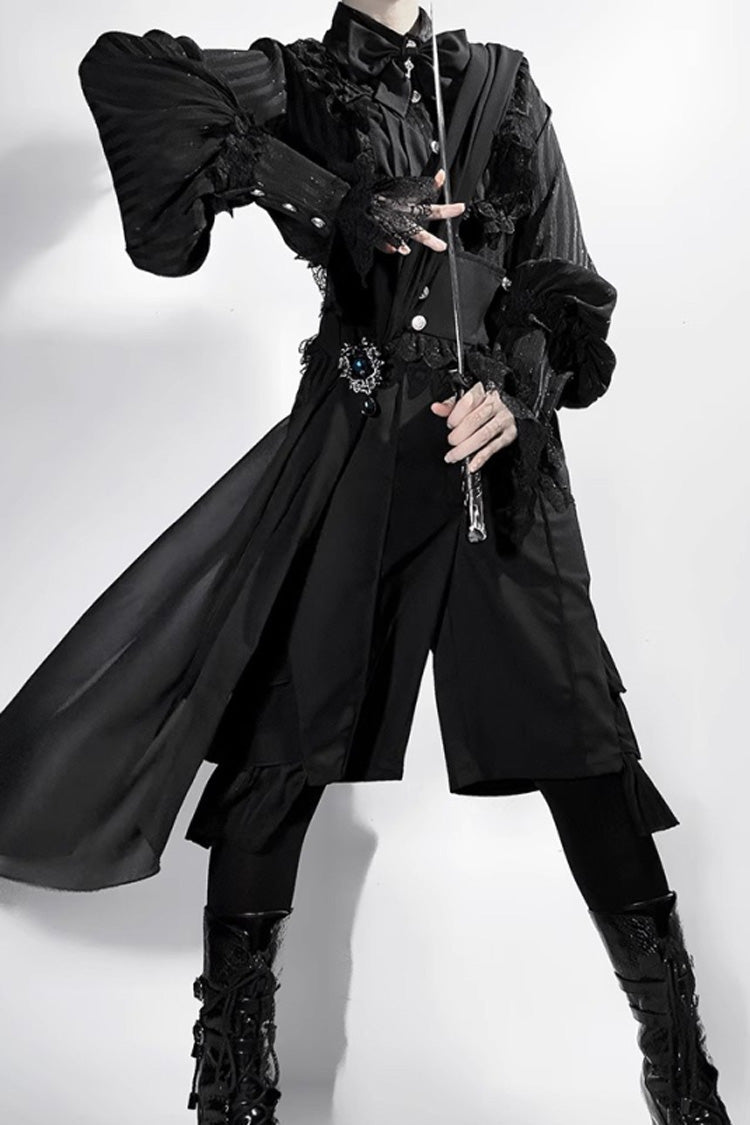 Black [Eternal City] Long Sleeves Lace Gothic Prince Medieval Ouji Lolita Blouse Knee-Length Shorts Set - Product - 8
