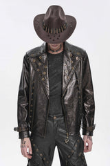 Brown Lapel Collar Long Sleeves Asymmetric Studded Zippered Pleated Eyelet Men's Punk Jacket - Product - 3