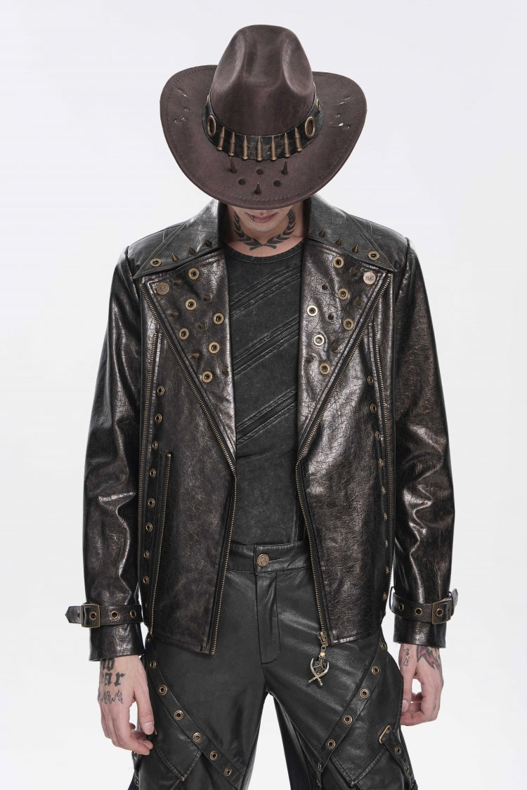Brown Lapel Collar Long Sleeves Asymmetric Studded Zippered Pleated Eyelet Men's Punk Jacket - Product - 3