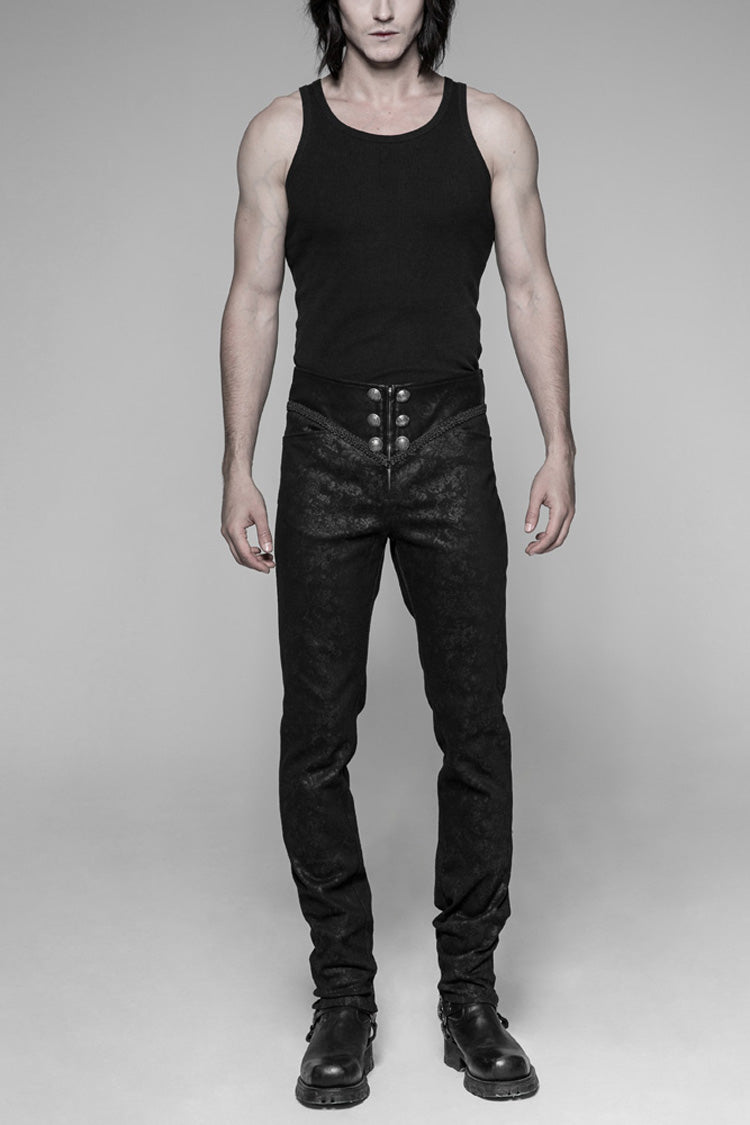 Black Waist Head Stereoscopic Pattern Leather Metal Buckle Lace-Up Men's Gothic Trousers - Black - 1