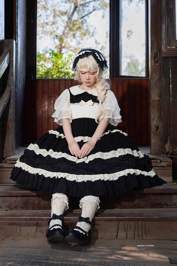 Kindergarten Class Theme Short Sleeves Jacquard Ruffle Bowknot Sweet Lolita Dress 3 Colors - Product - 14